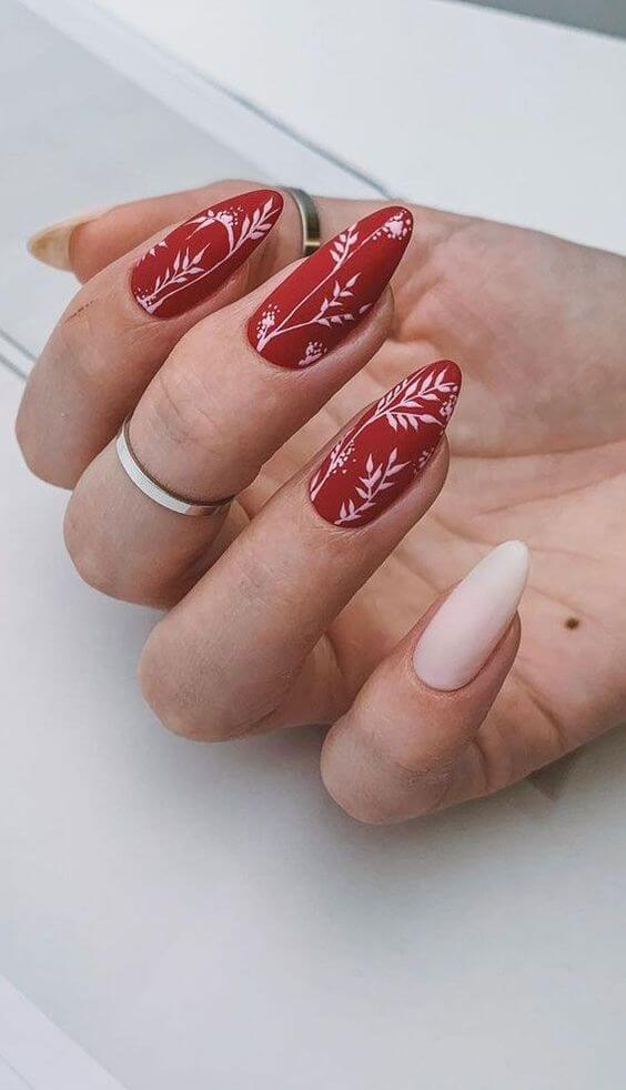 White And Red Almond Nails
