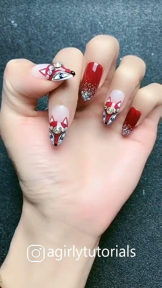 Red Almond Nails With Rhinestones