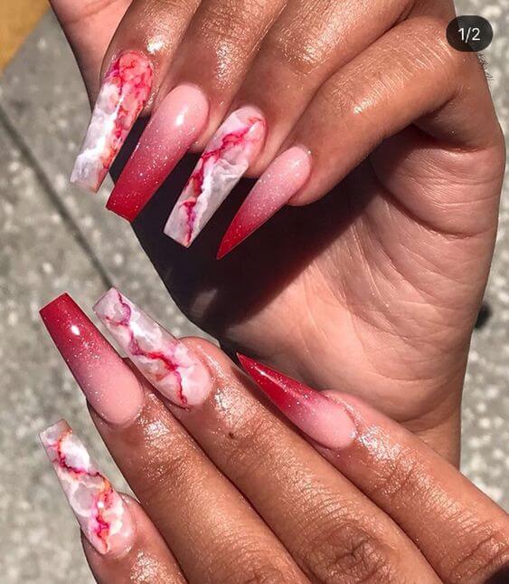 Red and White Marble Nails