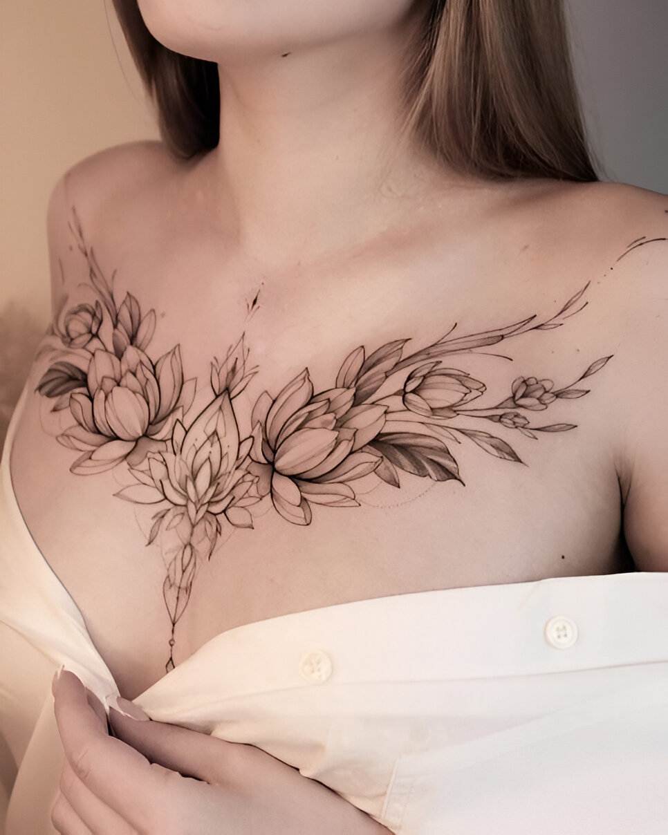 27 Elegant Chest Tattoos For Women To Elevate Their Beauty 17