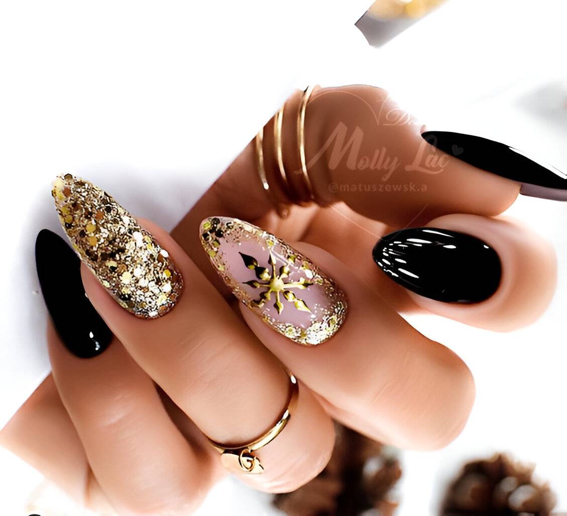 Black And Gold New Year Nails