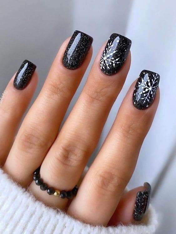 Black Nails With Snowflakes