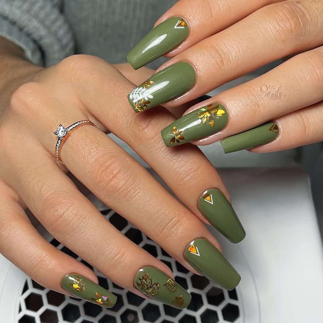Green Nails With Gold Leaves