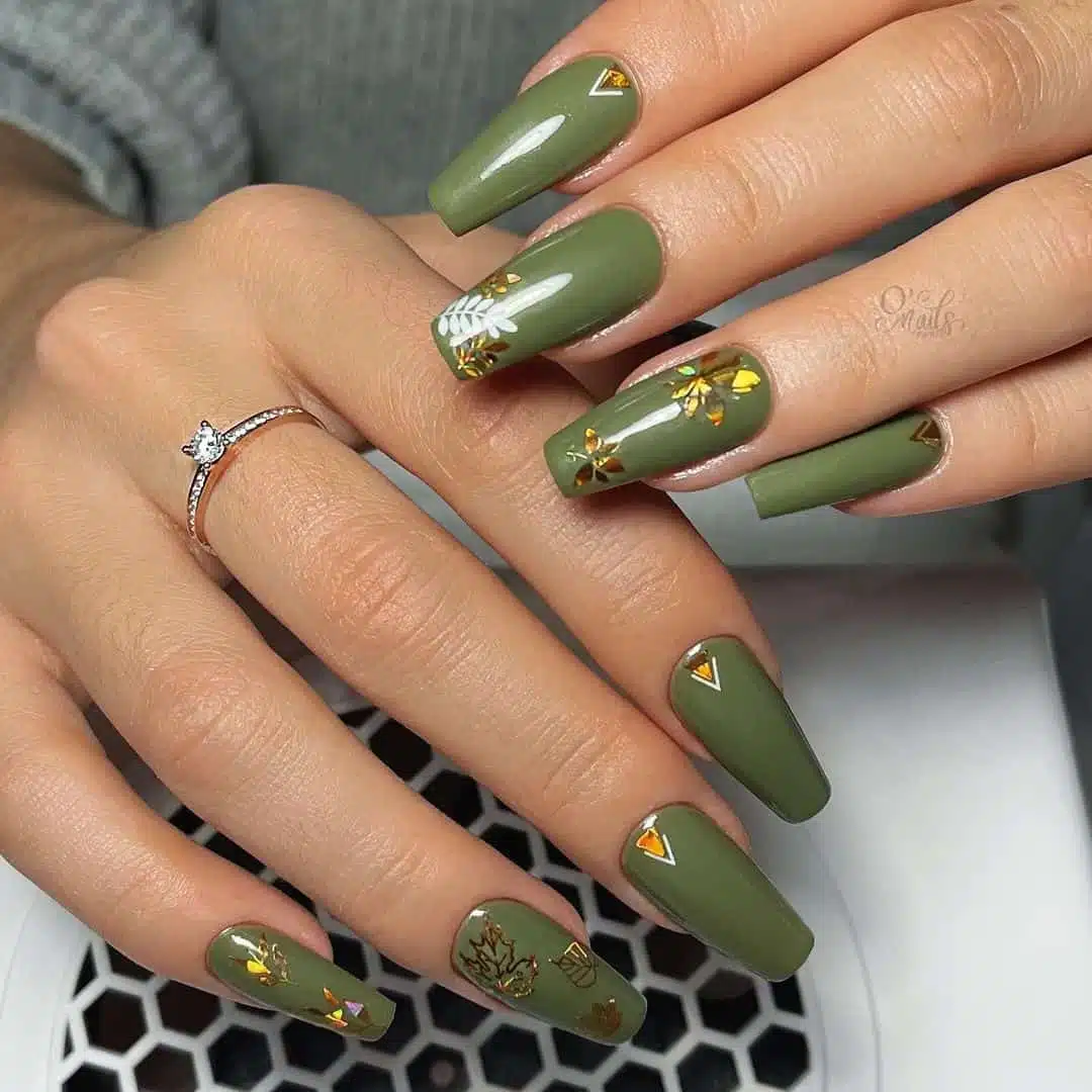 Green Nails With Gold Leaves