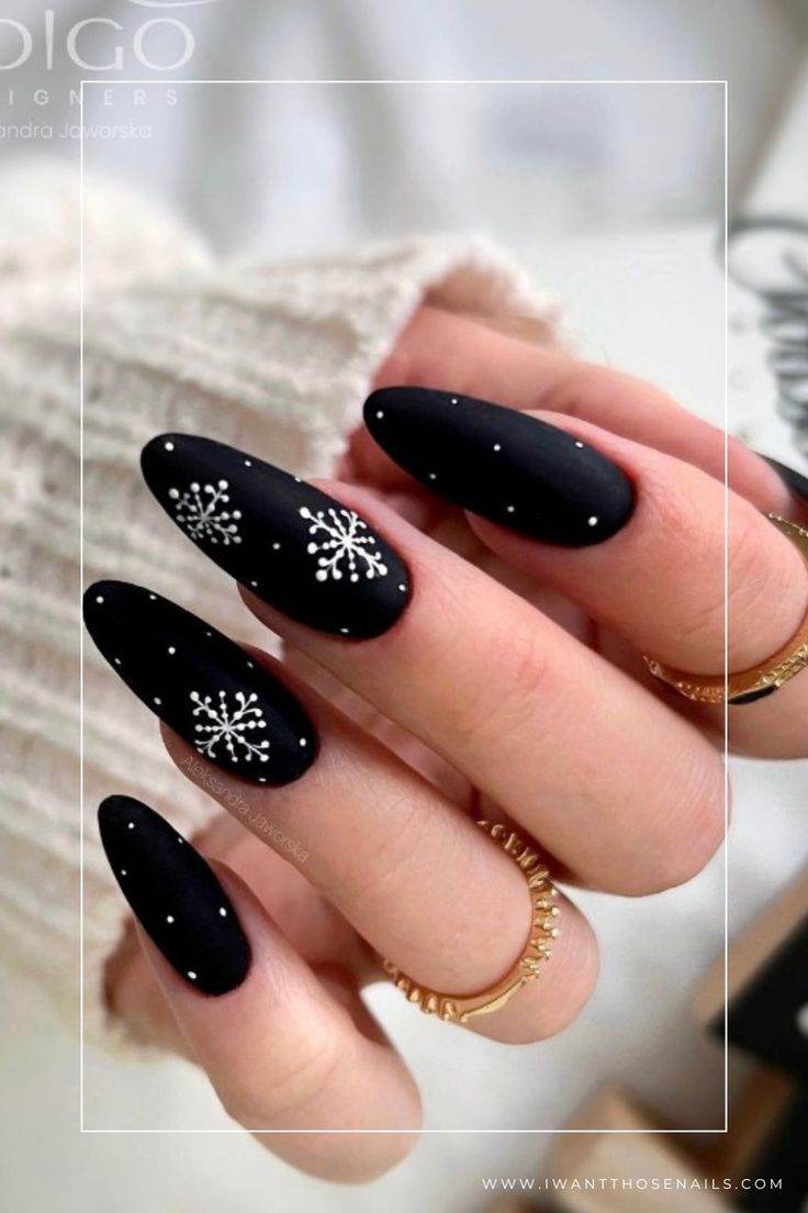 Matte Black Nails With White Snowflakes