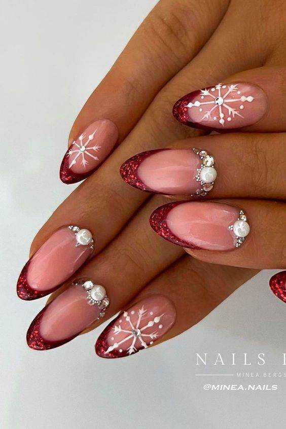Red French Tips With Rhinestones