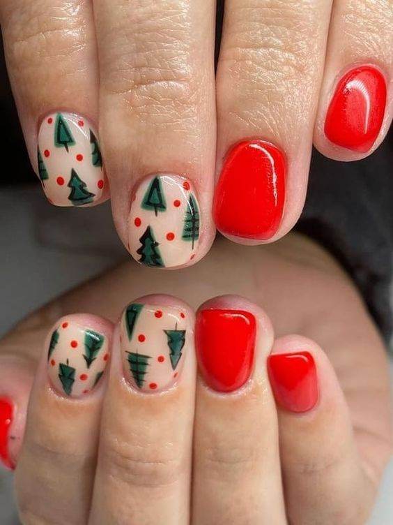 Red Nails With Mini Christmas Trees