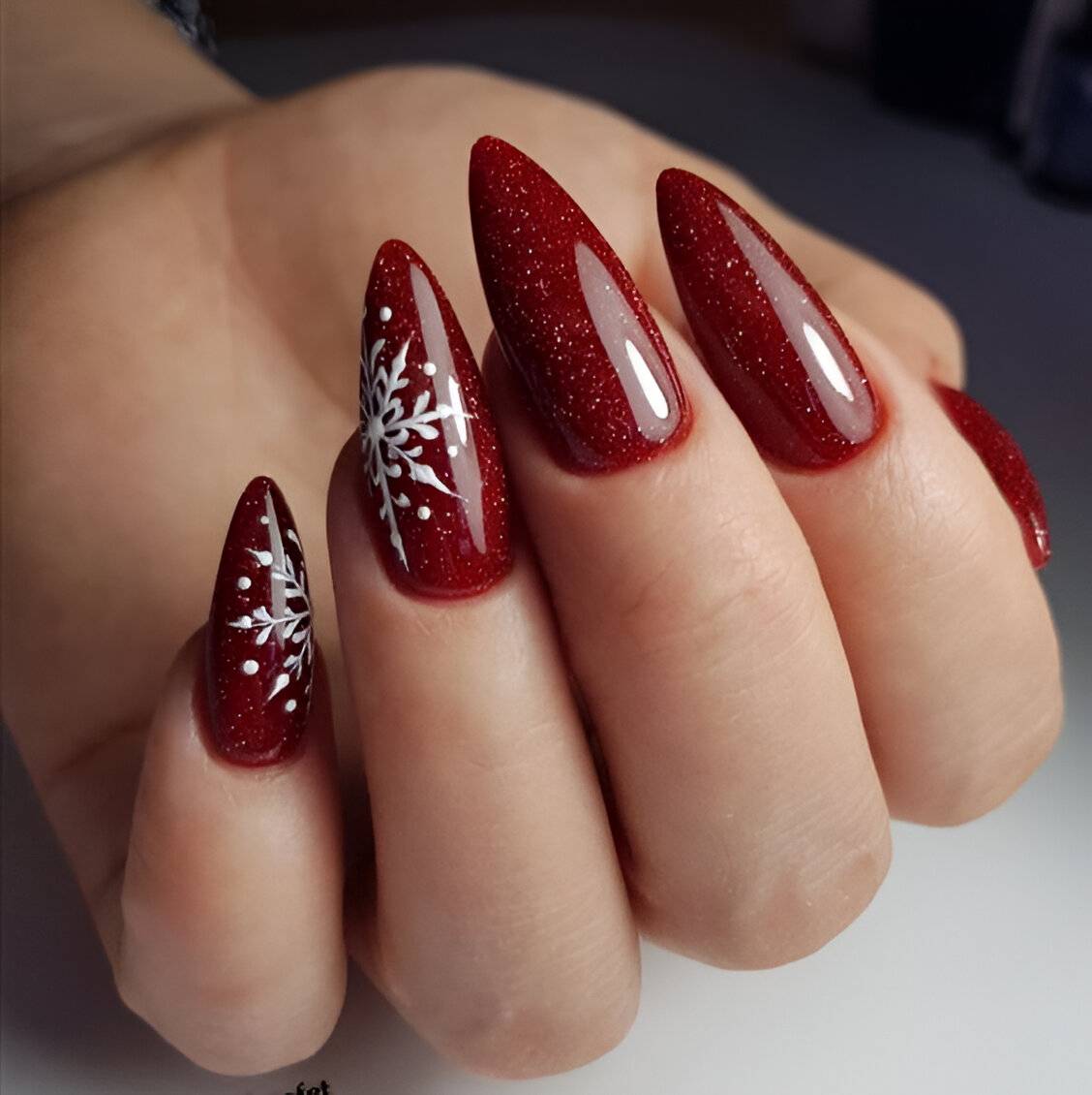 Red Nails With White Snowflakes