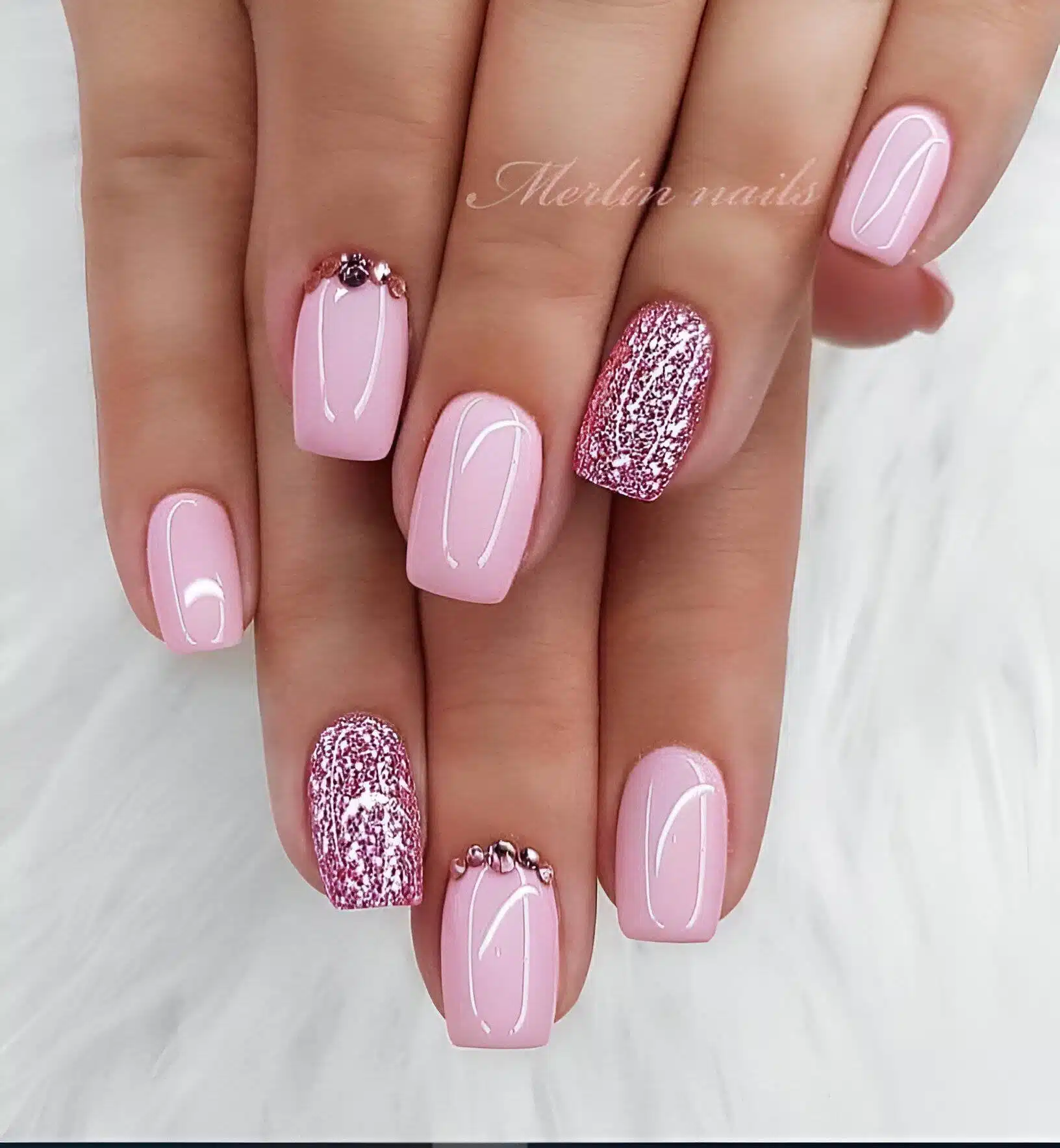 Pink Glittered Nails