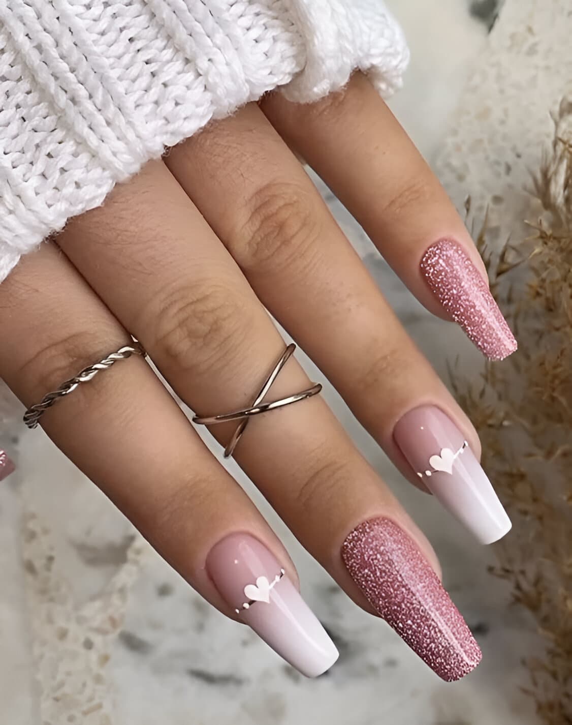 Glittered Pink And White Nails 4