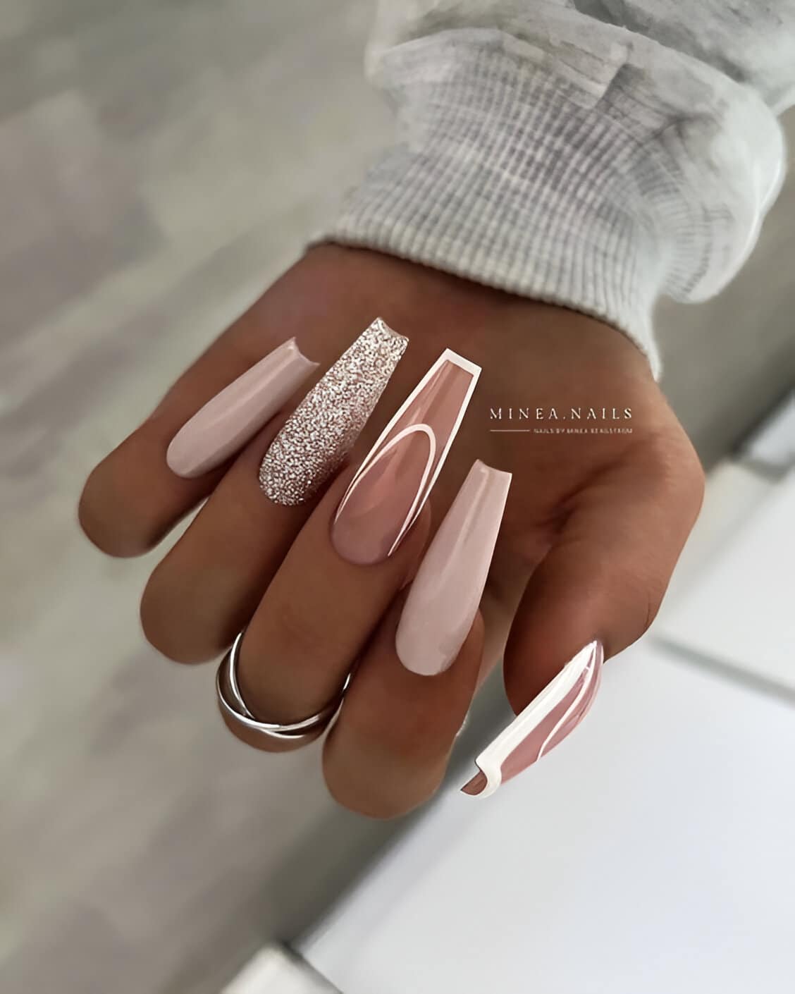 Glittered Pink And White Nails 6