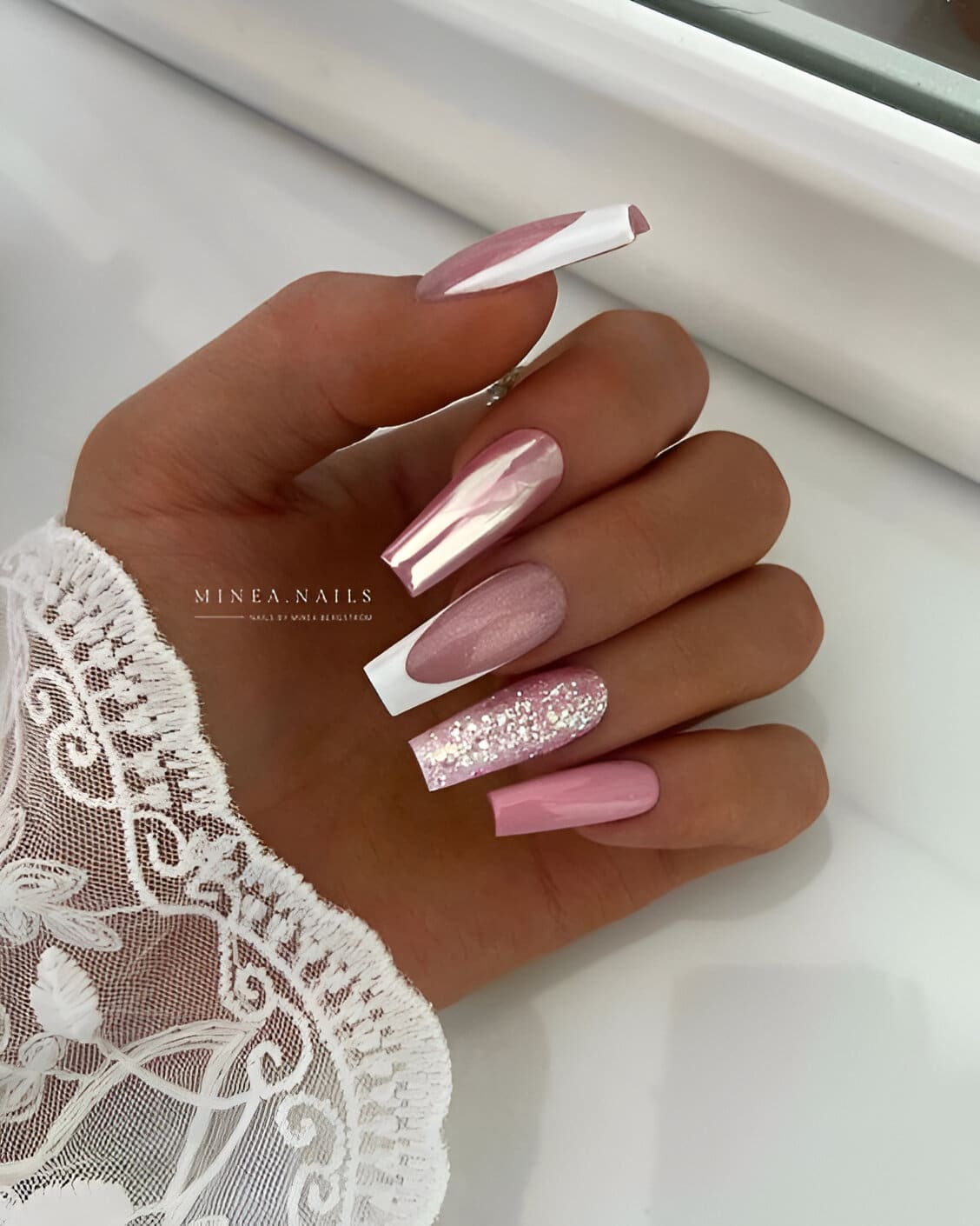 Glittered Pink And White Nails 7