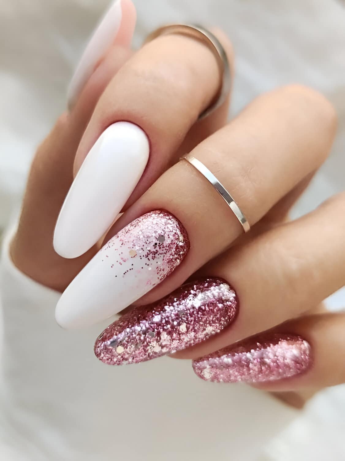 Glittered Pink And White Nails 8