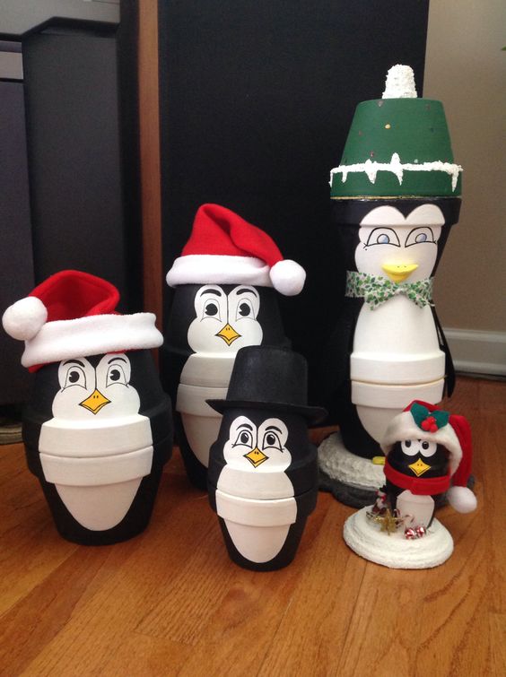 Charming Penguin Family Clay Pots