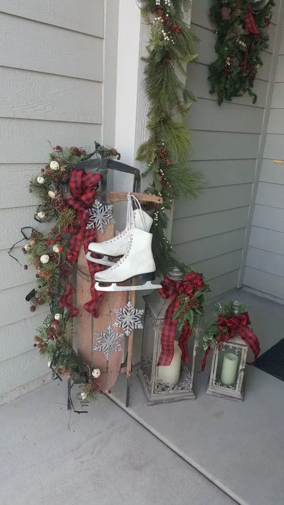 Charming Rustic Porch Ice Skate Display