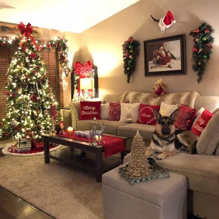 Cozy Living Room with Festive Tree and Pillows