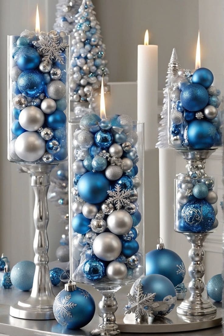 Elegant Blue and Silver Ornament Candle Centerpieces