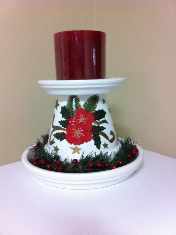 Elegant Poinsettia Clay Pot Candle Holder