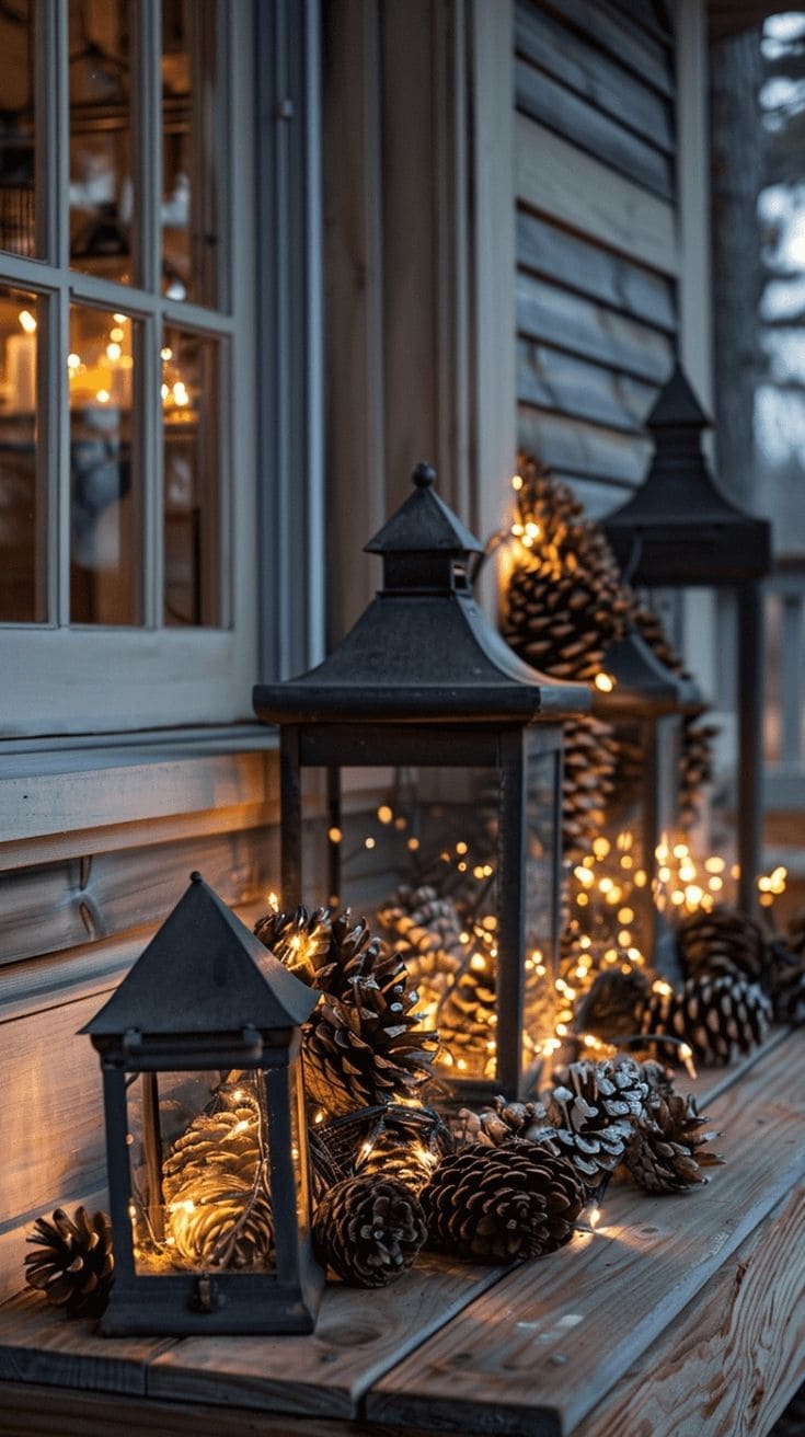 Enchanting Porch Lanterns with Pinecones and Lights