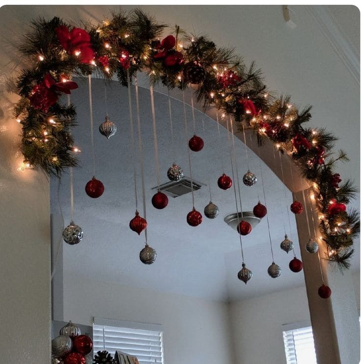 Festive Archway Garland with Hanging Red and Silver Ornaments