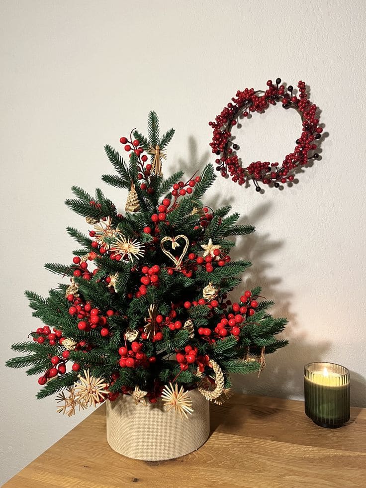 Festive Berry-Adorned Mini Christmas Tree Centerpiece