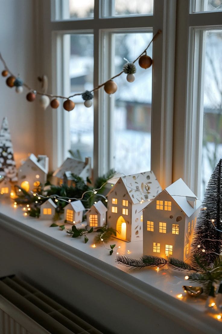 Magical Windowsill Village with Glowing Mini Houses