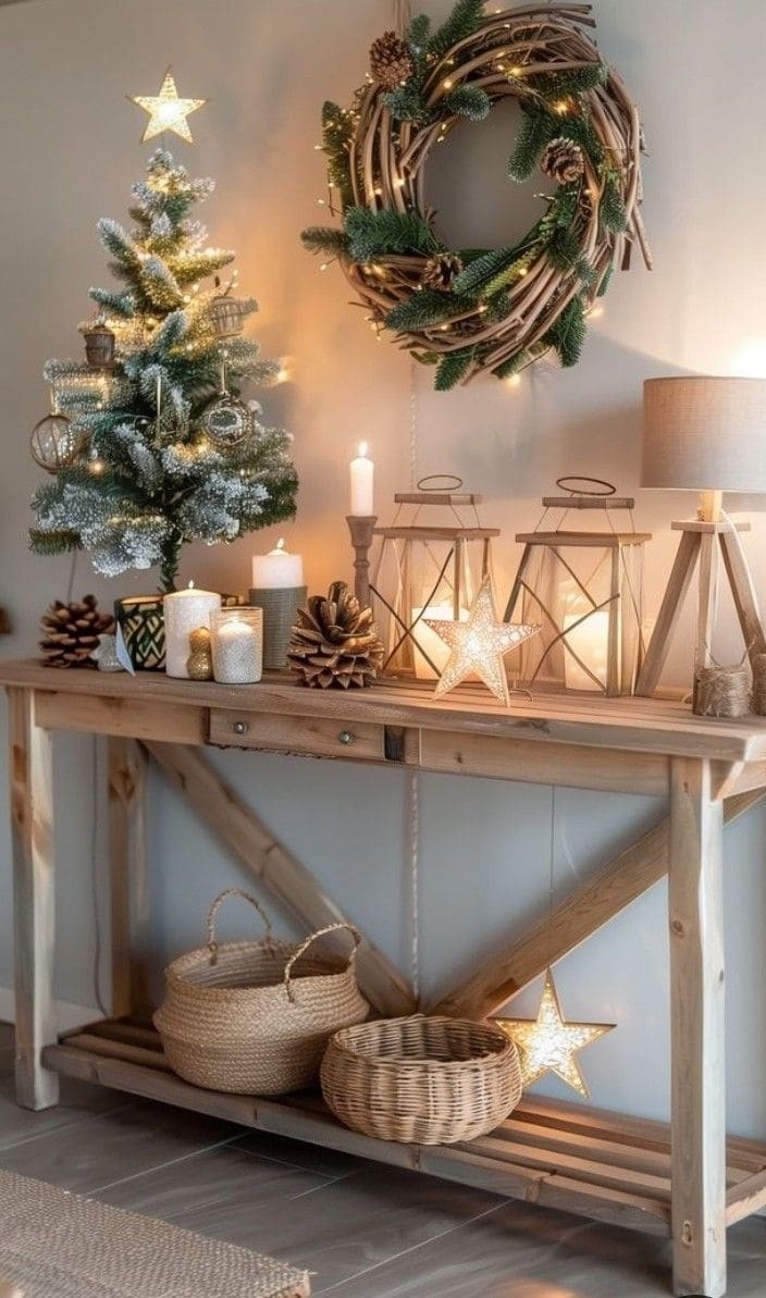 Rustic Console Table with Lit Wreath and Cozy Lanterns