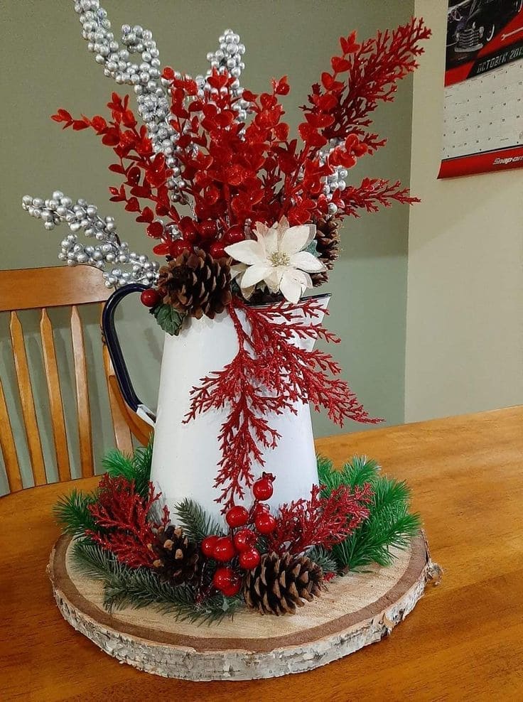 Rustic Poinsettia and Pinecone Pitcher Display