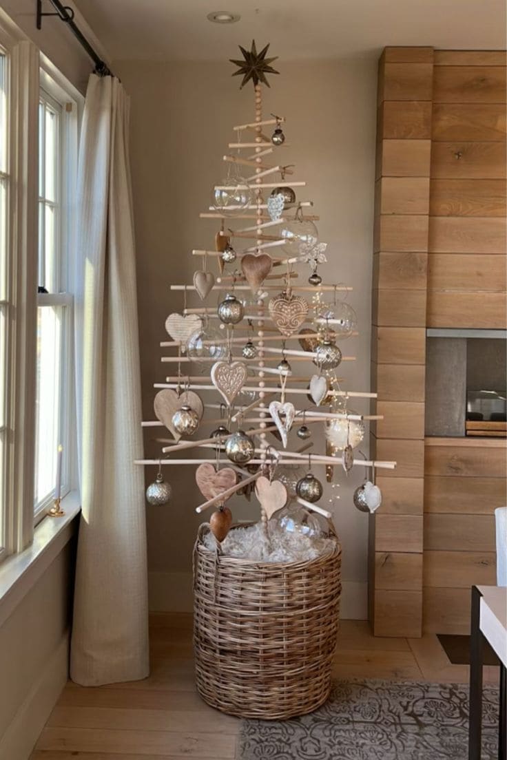 Stick Christmas Tree with Heart Ornaments