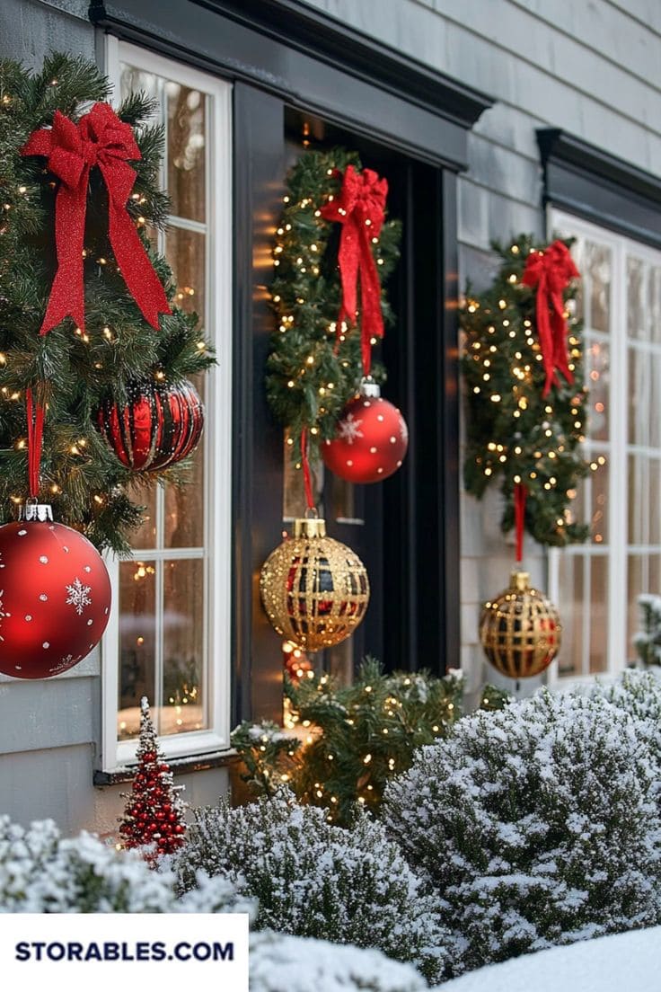 Vibrant Outdoor Wreaths with Giant Ornaments