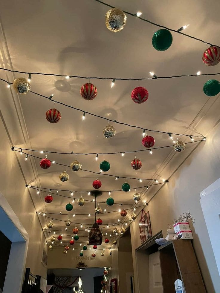 Whimsical Ceiling String Lights with Colorful Ornaments