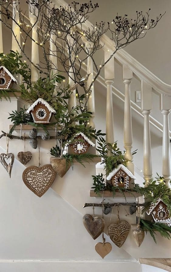 Whimsical Staircase with Rustic Hearts and Gingerbread Cottages