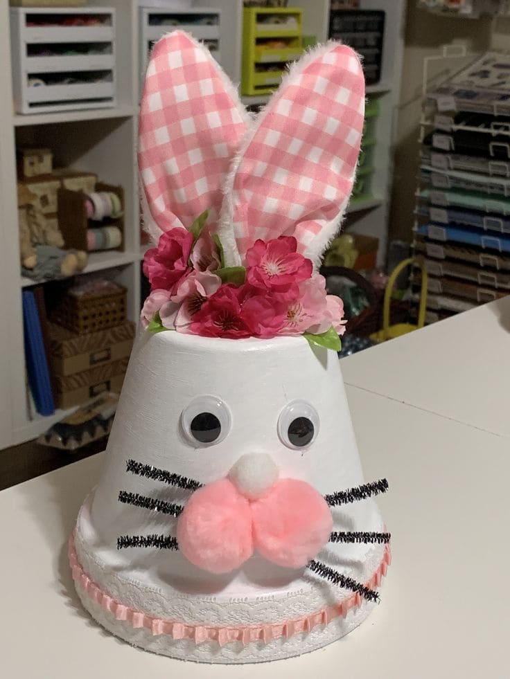 Attractive Flower Pot Bunny with Gingham Ears