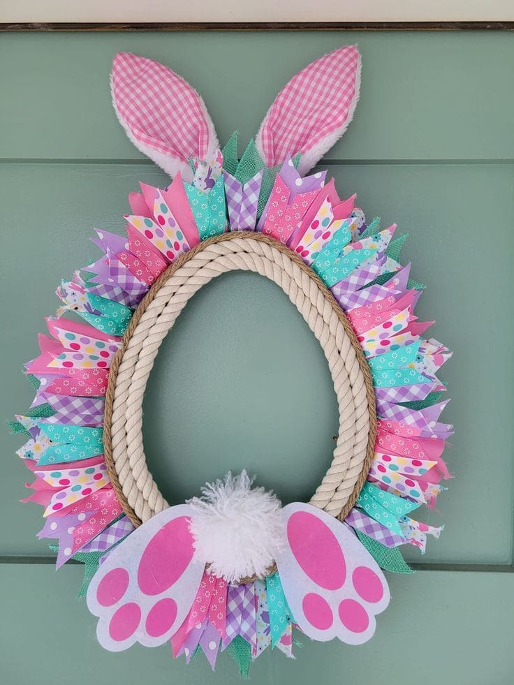 Bunny-Themed Wreath with Fabric Accents