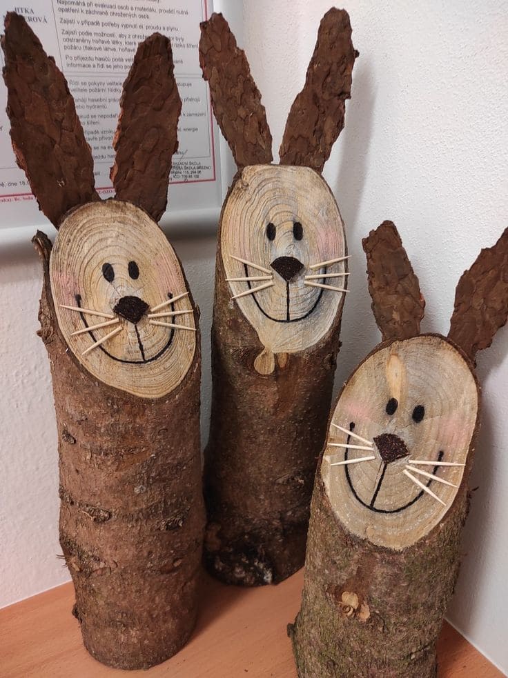 Charming Log Bunny Decor with Natural Bark