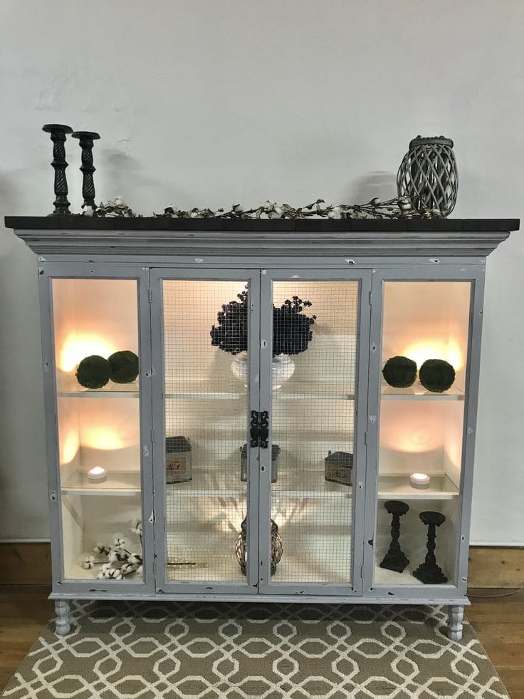 Chic Grey Hutch with Illuminated Shelving Display