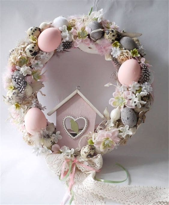 Elegant Pastel Easter Wreath with Birdhouse Charm