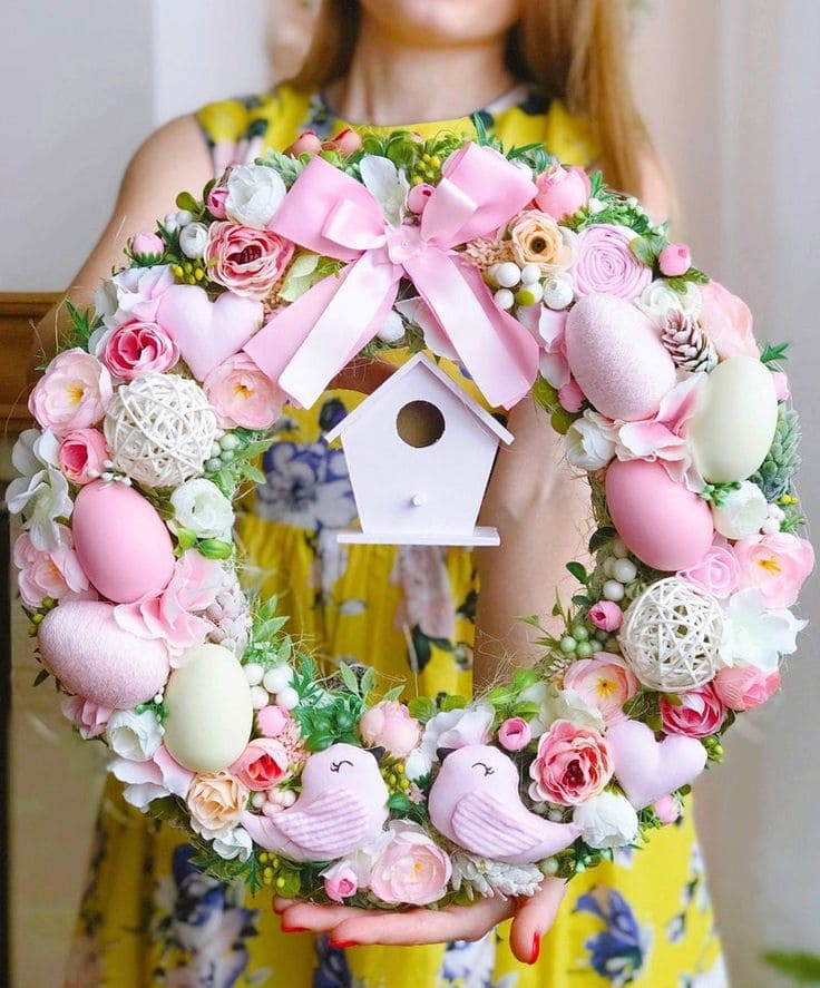 Floral Easter Wreath with Birdhouse Accent