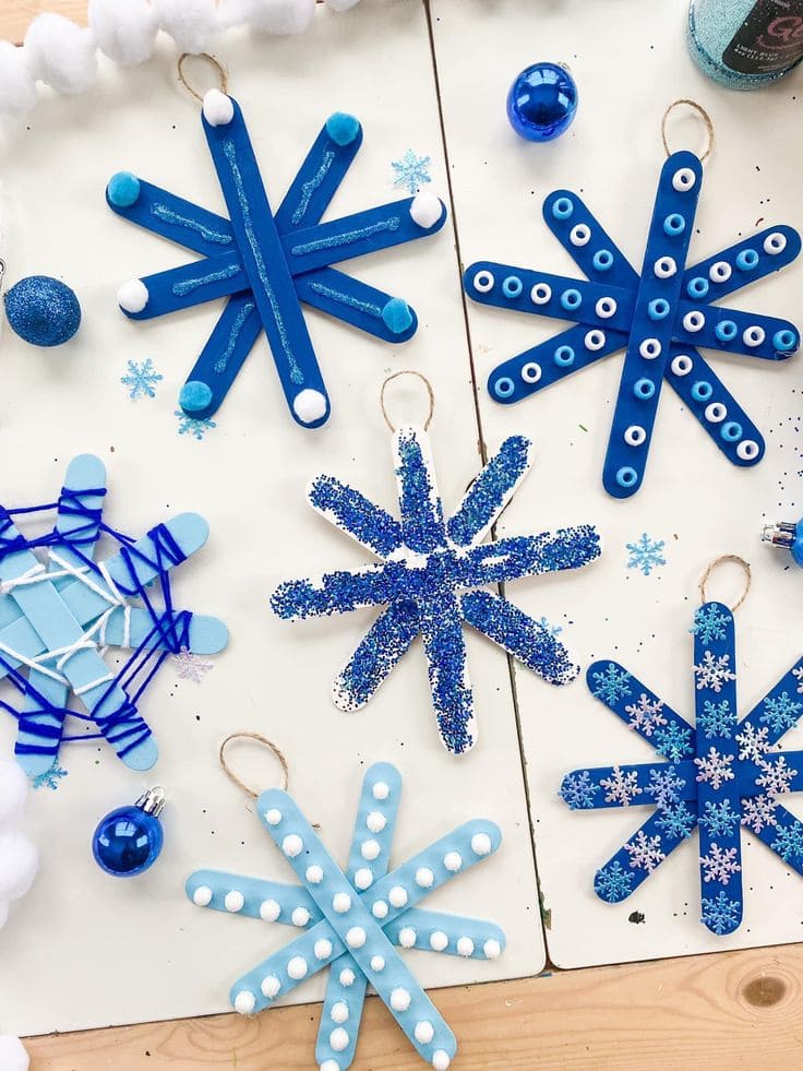 Glittery Popsicle Stick Snowflake Creations