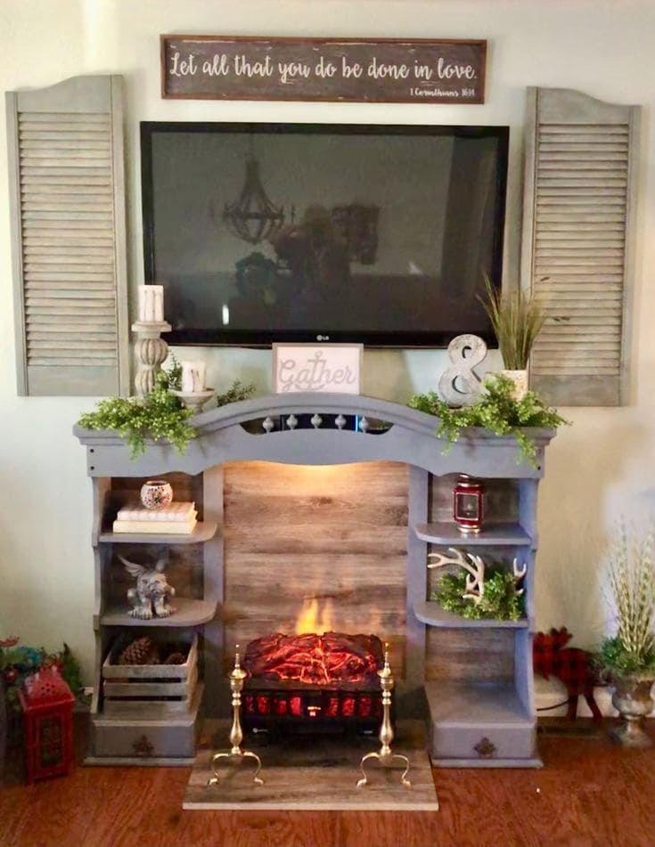 Hutch Transformation Into Cozy Faux Fireplace