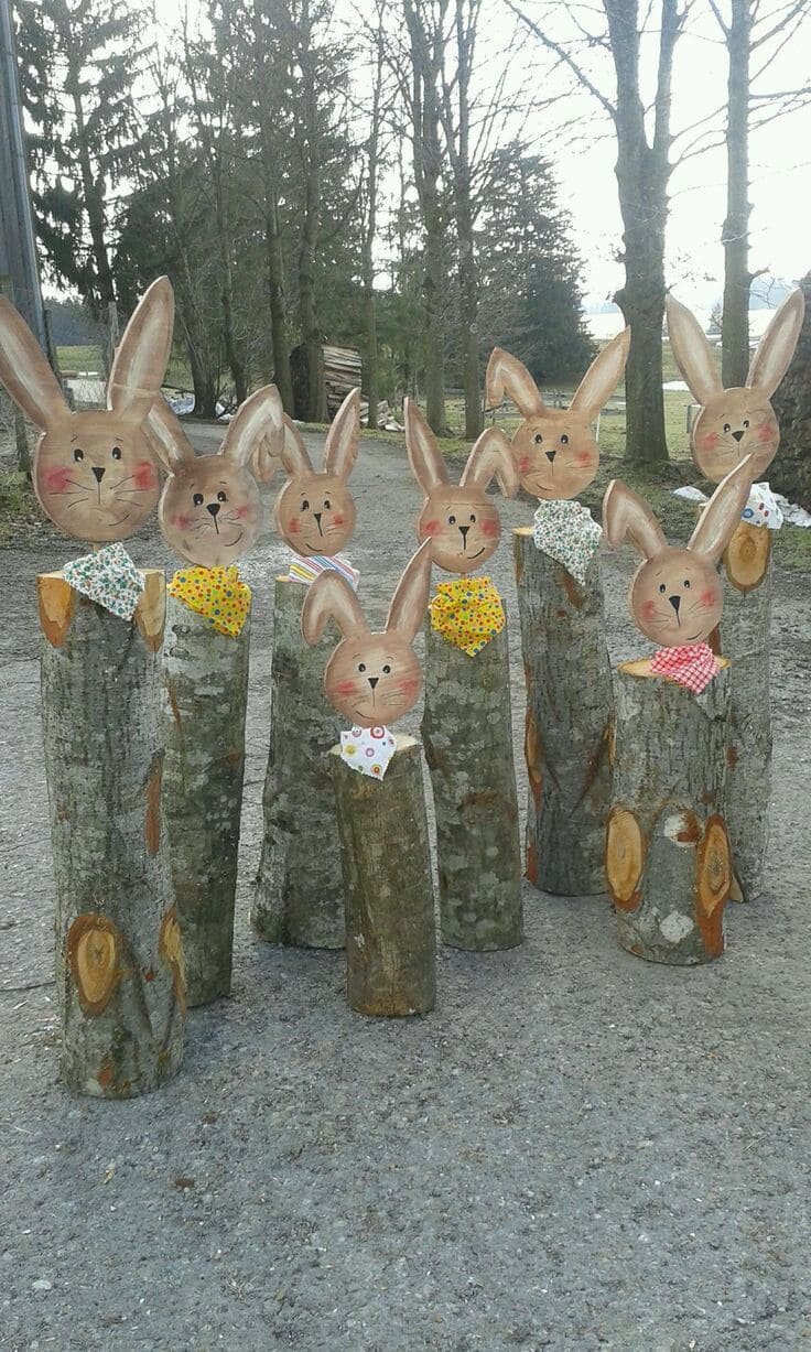 Log Bunny Family Yard Display