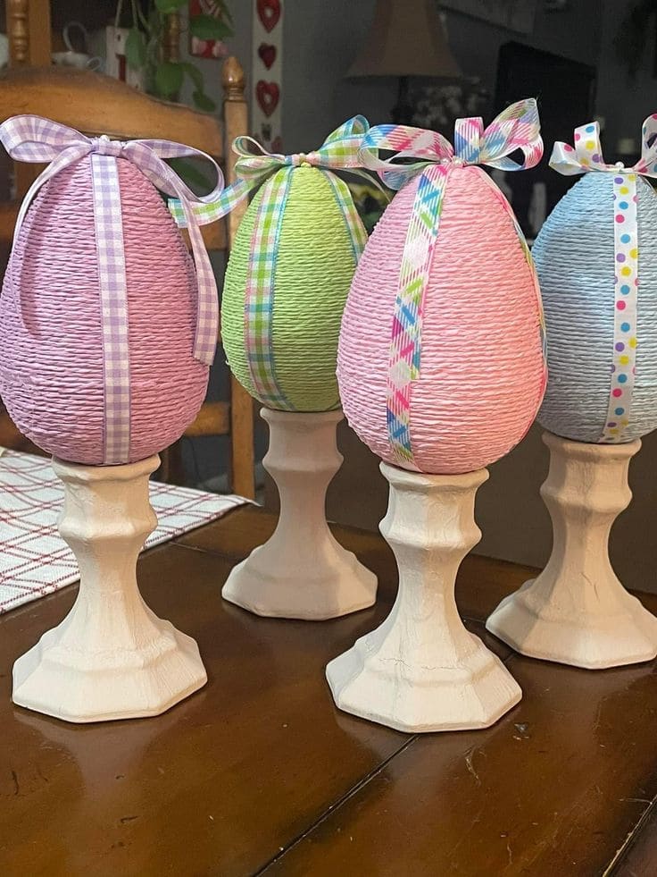 Ribbon-Wrapped Easter Eggs on Stands