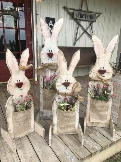 Rustic Wooden Easter Bunny Planters with Burlap