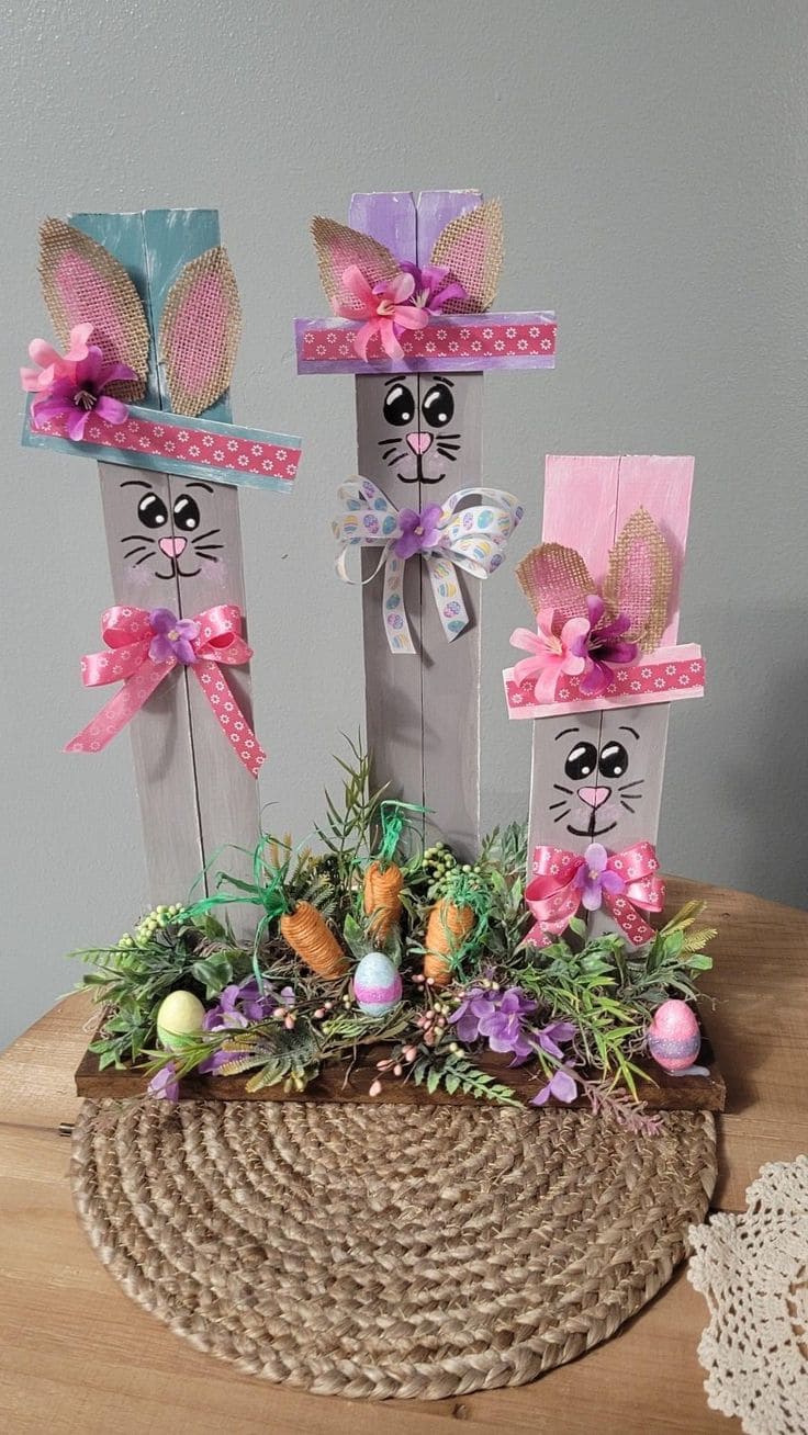 Whimsical Wooden Bunny Family Easter Display