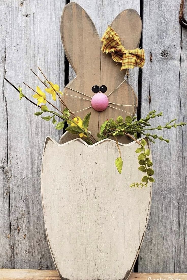 Wooden Bunny in Rustic Egg Planter