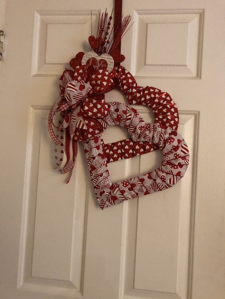 Adorable Double Heart Wreath with Red and White Ribbons