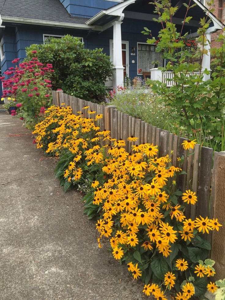 Bright Floral Border with Rustic Wooden Fence