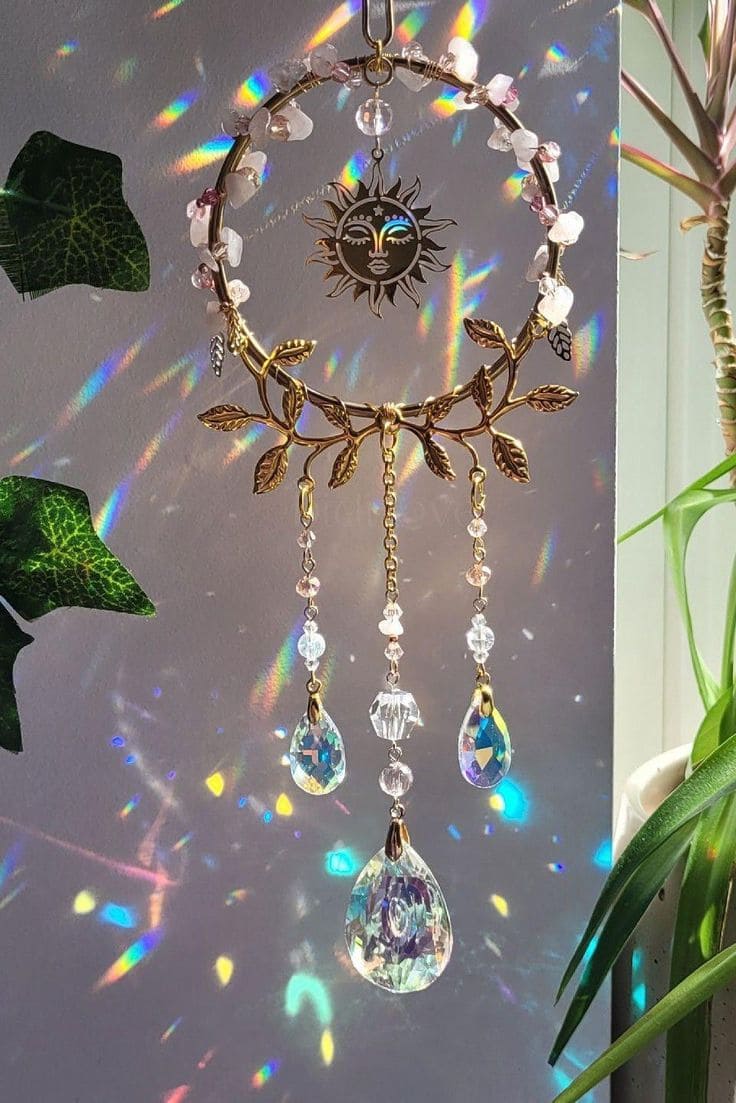 Celestial Crystal Sun and Leaf Suncatcher