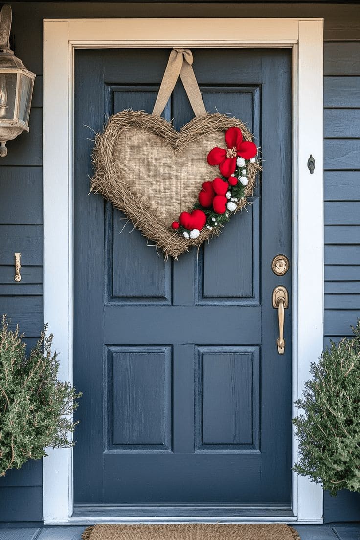 Charming Burlap Heart Wreath with Red Florals