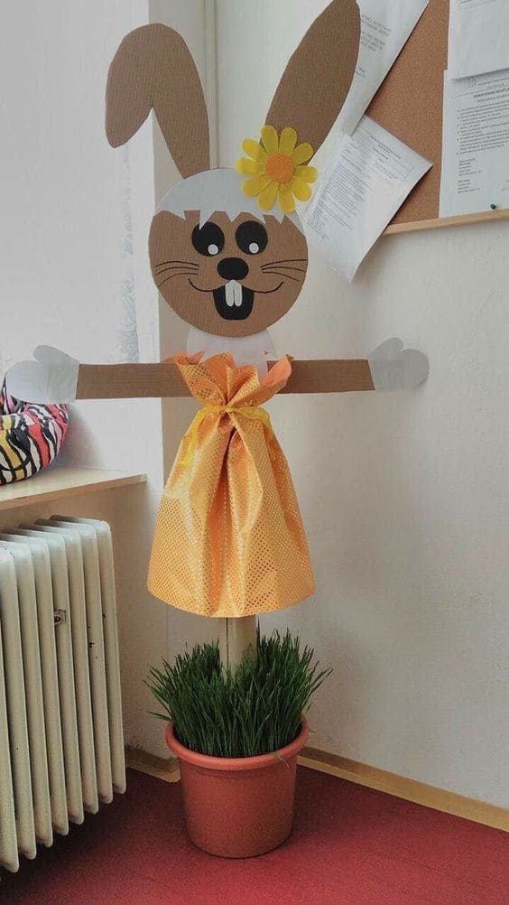 Cheerful Cardboard Bunny with Grass Planter